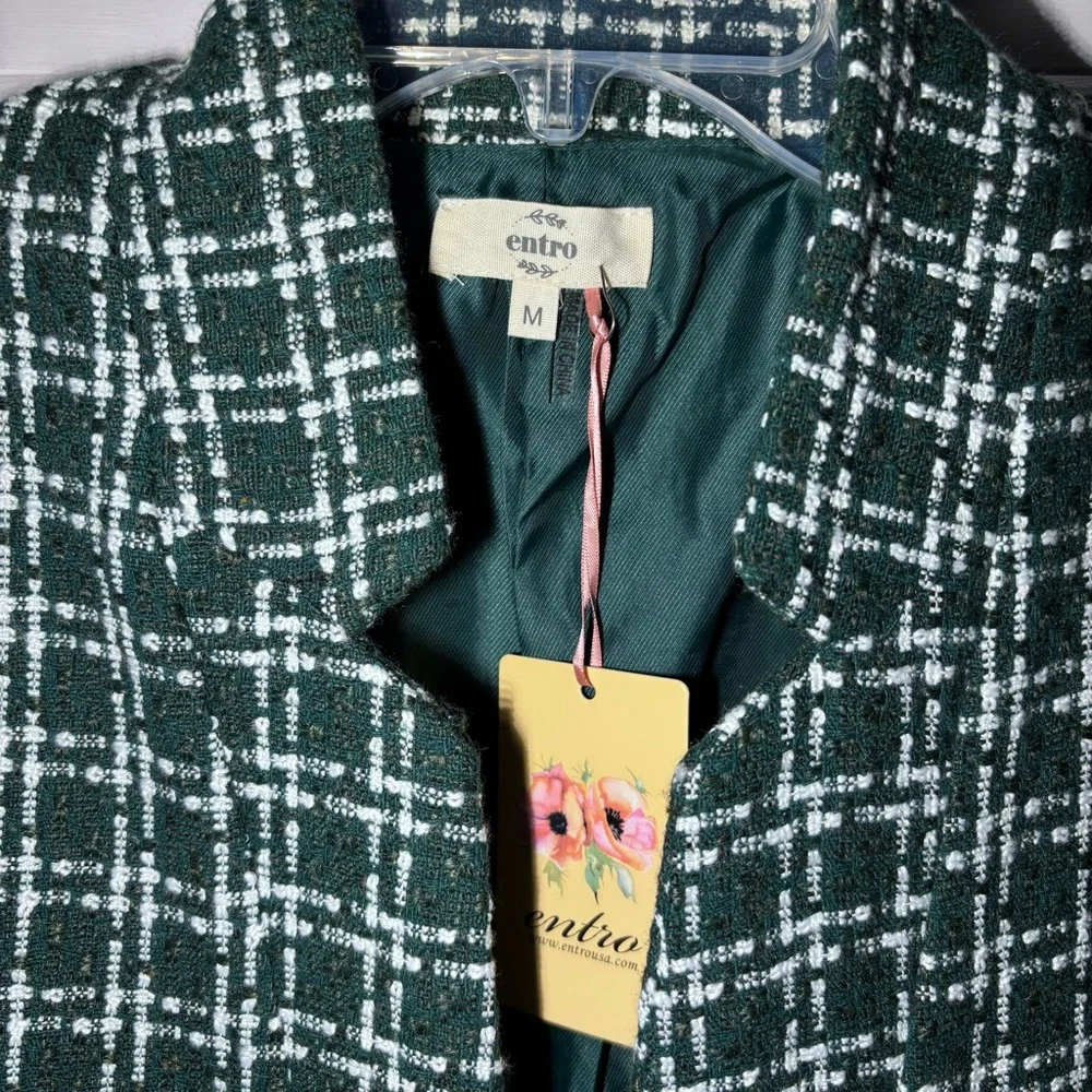 Entro‎ Green Monochrome Plaid Blazer Jacket Collarless